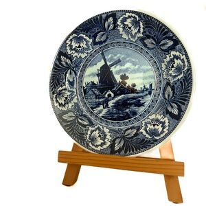 Vintage Blue White Windmill Decorative Plate Belgian Transferware Golden Crown